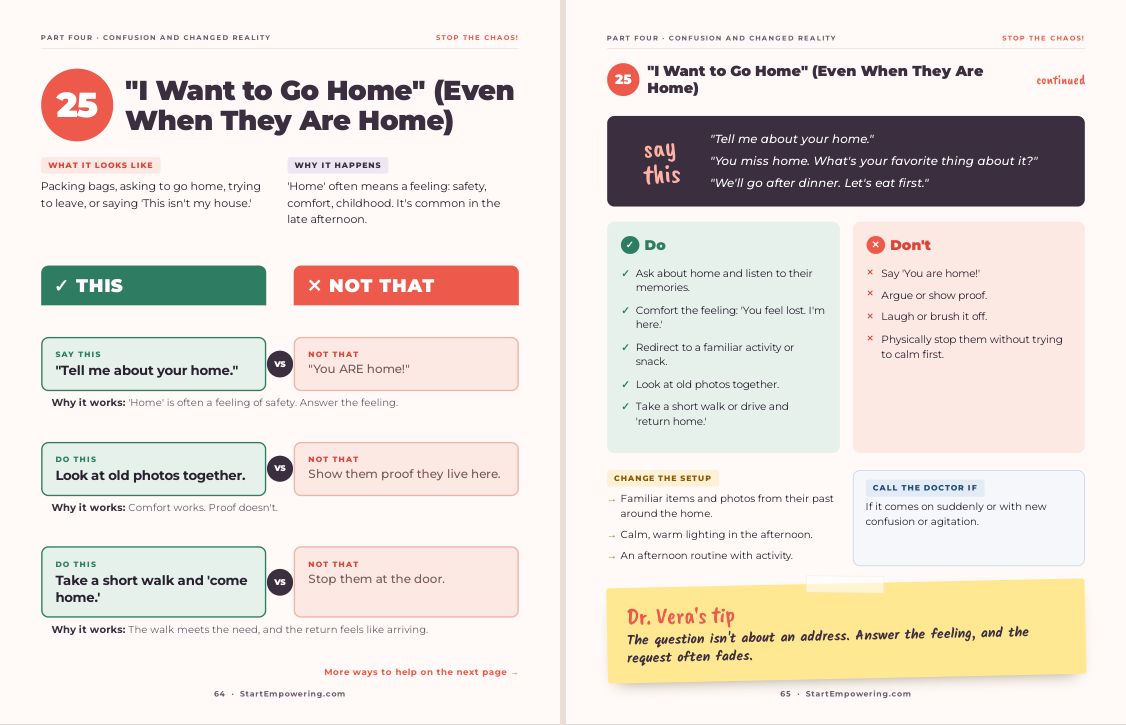A real two-page spread from the book: “I want to go home.”